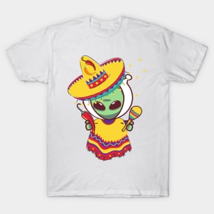 Alien Mexican Poncho Cinco De Mayo Alien Sombrero Fiesta Costume T-Shirt